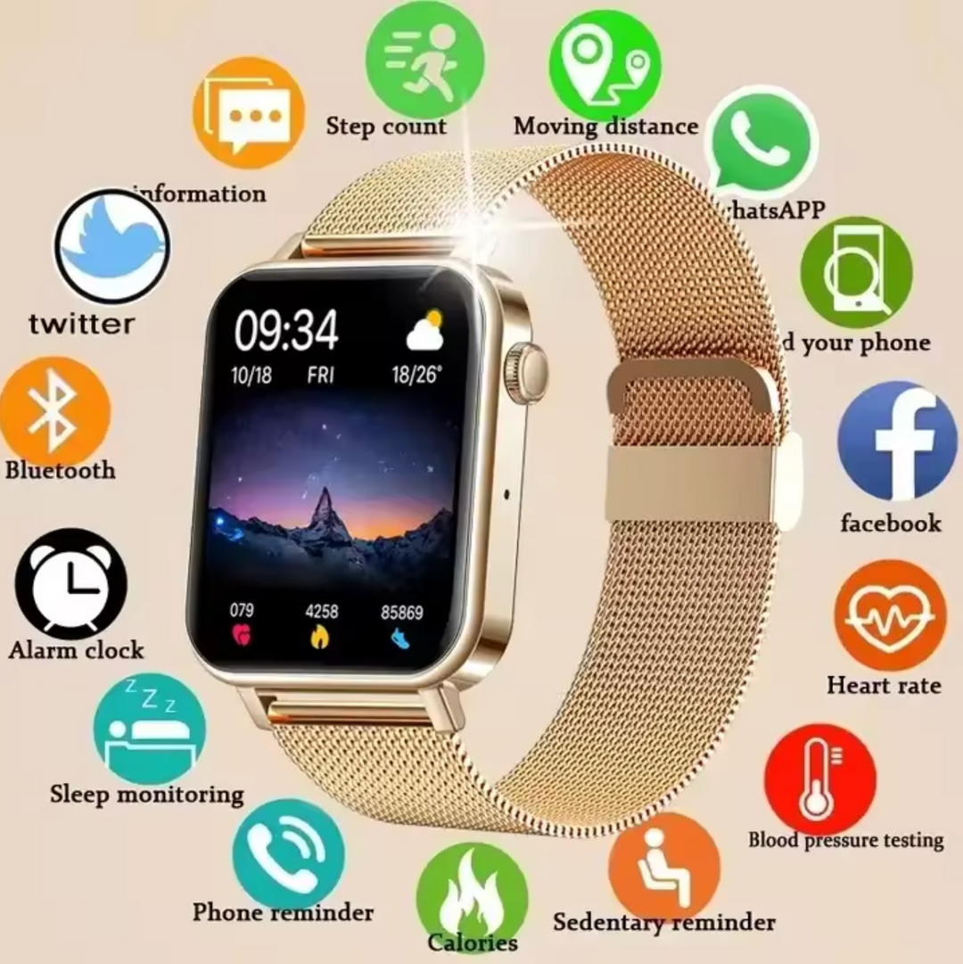 Stylish women's gold smartwatch for health and fitness tracking.