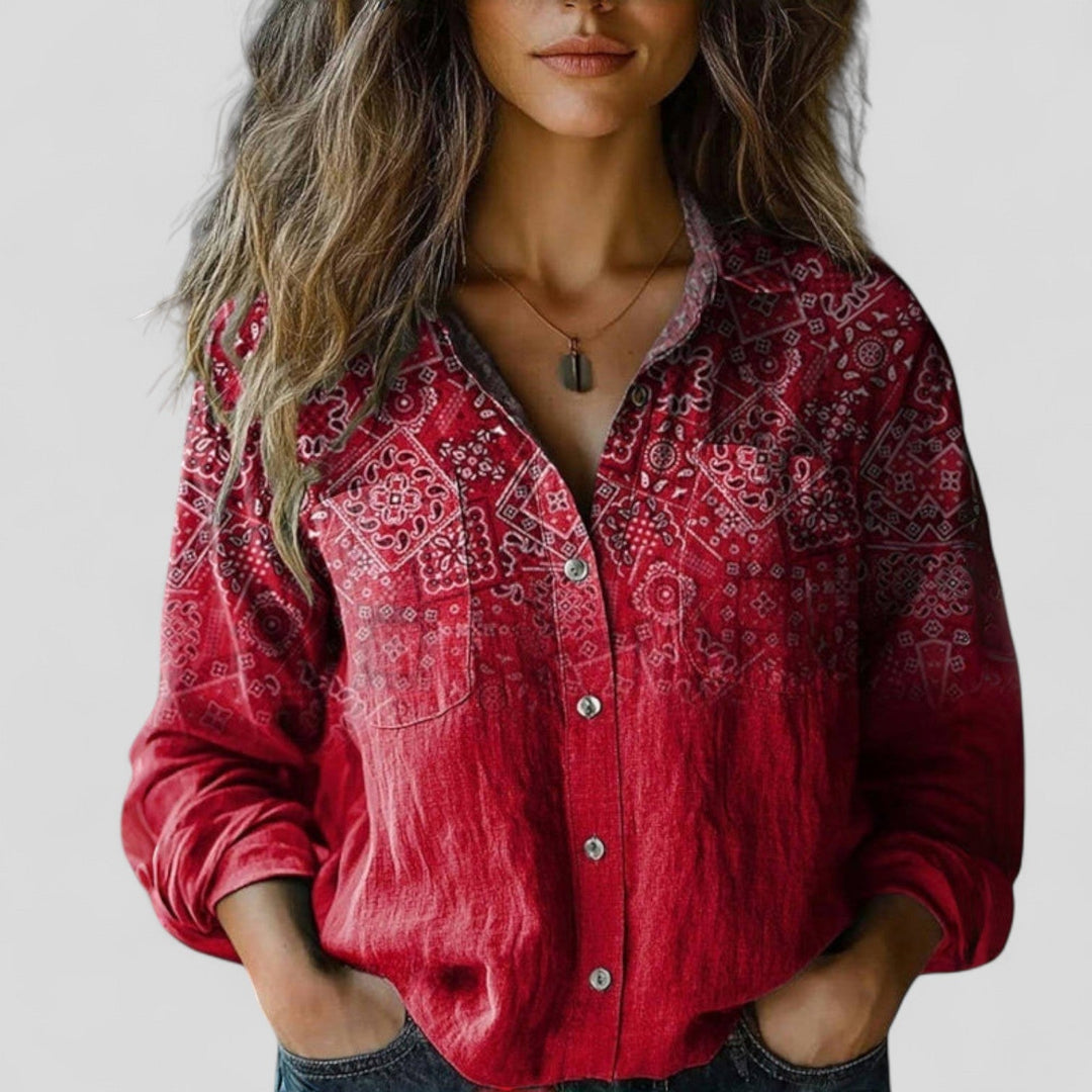 Versatile women's gradient button-down blouse, a chic long-sleeve top for fashionable everyday wear.