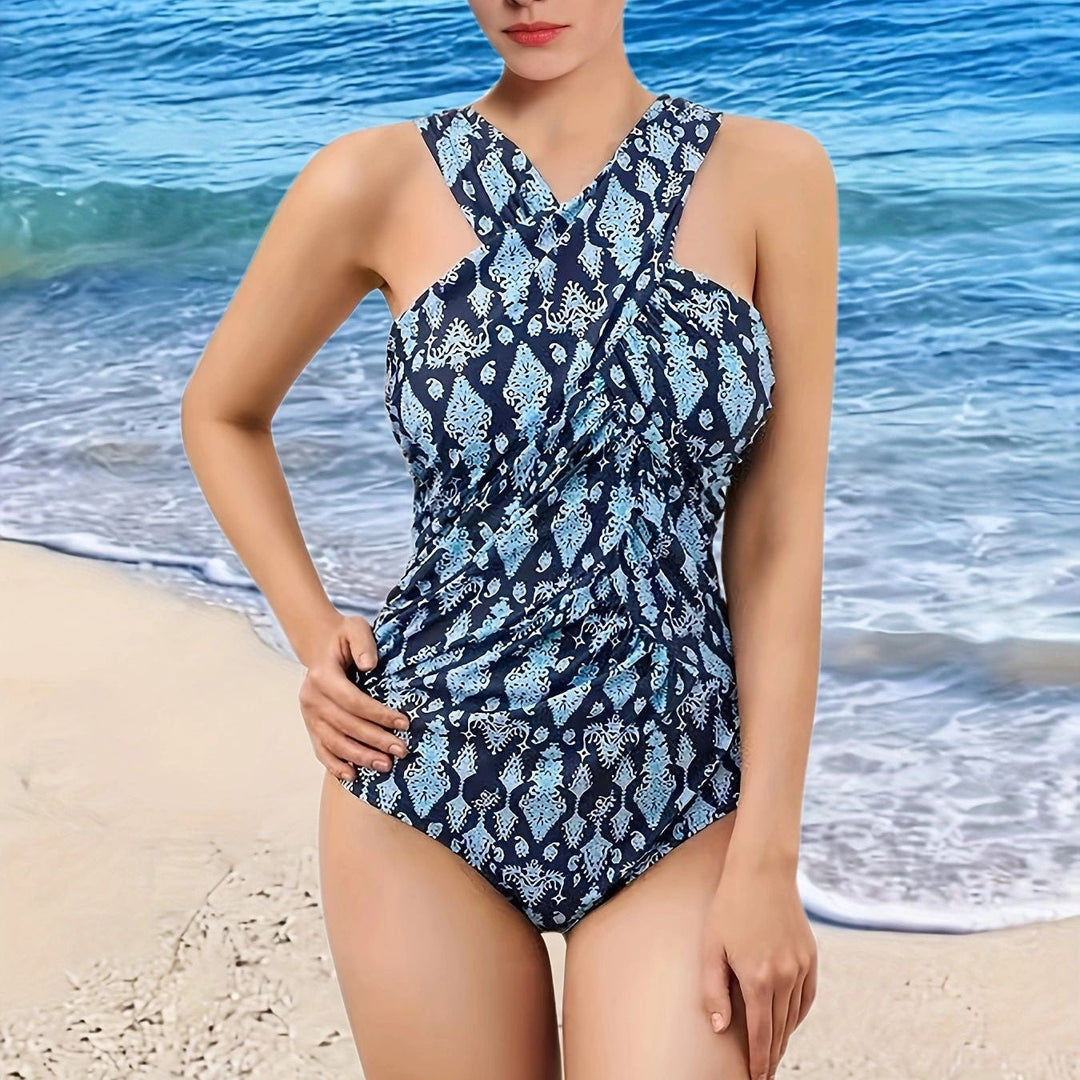 Elegant women's one-piece halter swimsuit, perfect stylish swimwear for summer poolside relaxation.