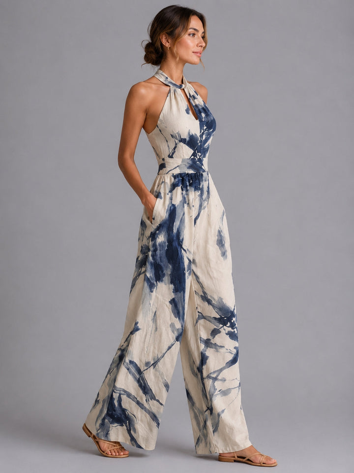 Effortless women's wide-leg halter jumpsuit, ideal for casual spring outfits or chic summer fashion.