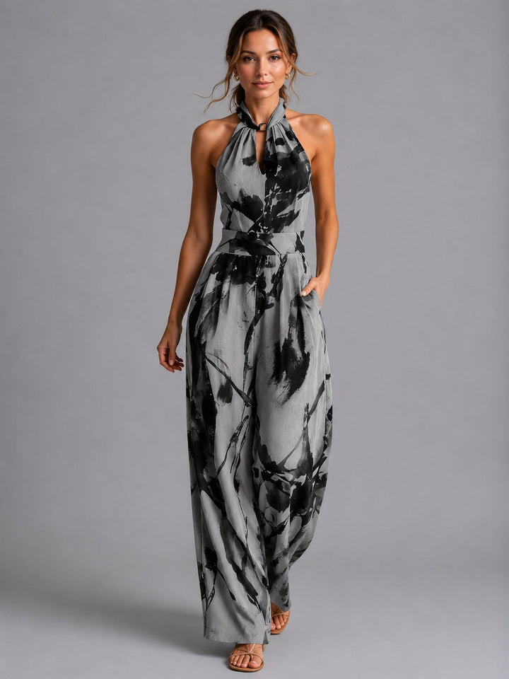Elegant women's halter wide-leg jumpsuit, offering comfortable and stylish wear for various occasions.