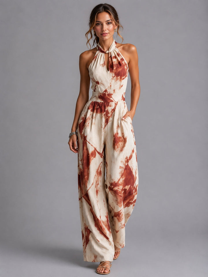 Women's halter neck wide-leg jumpsuit, a flowy and comfortable choice for elegant summer and vacation wear.