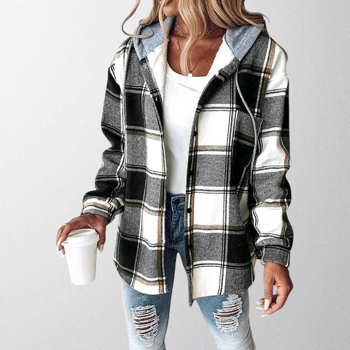 Warm women's hooded jacket, perfect casual fashion layering piece. Essential comfortable coat for winter & fall.