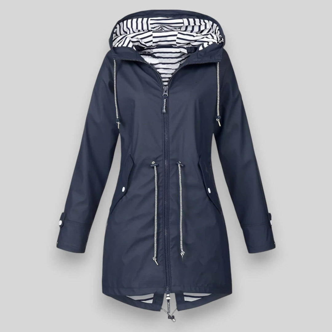 Stylish women's hooded jacket with adjustable waist drawstrings, perfect for casual spring & fall outerwear.