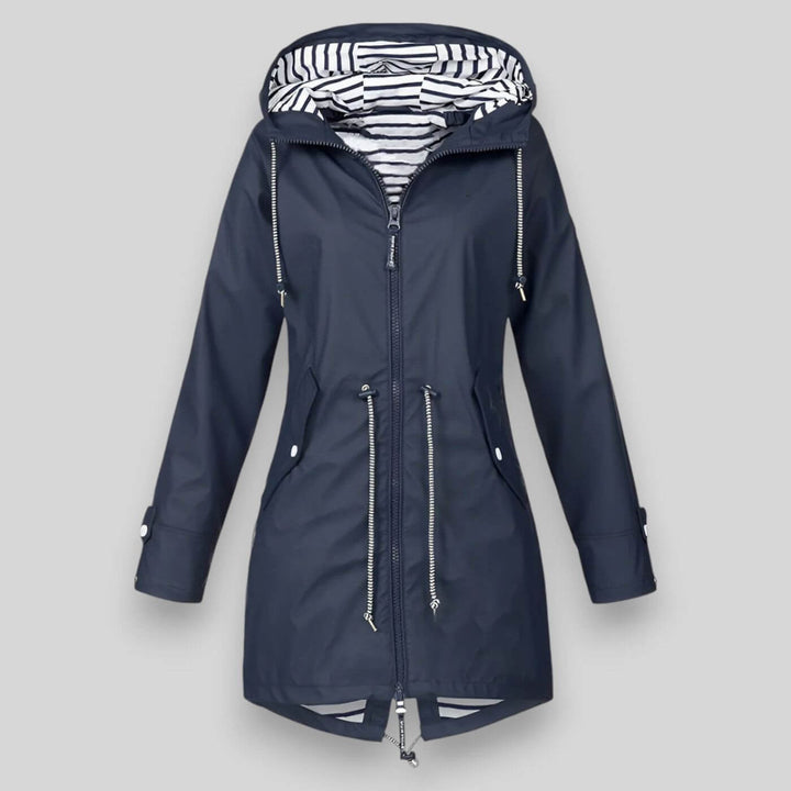 Stylish women's hooded jacket with adjustable waist drawstrings, perfect for casual spring & fall outerwear.