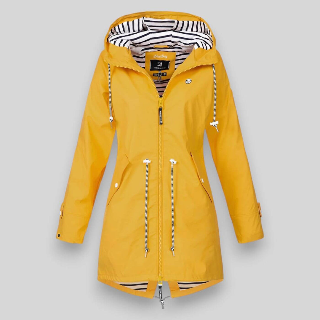 Versatile longline women's jacket with hood & adjustable waist, ideal for spring & fall everyday wear.