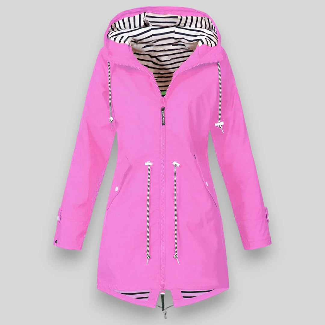 Zip-up women's hooded jacket with adjustable waist, a stylish and comfortable choice for casual wear.