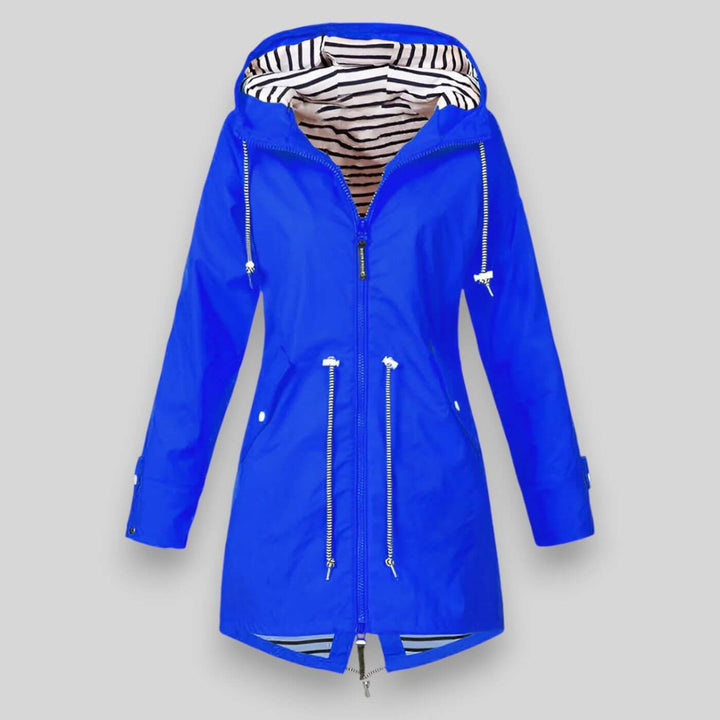 Stylish women's hooded outerwear jacket featuring an adjustable waist for a flattering, comfortable fit.