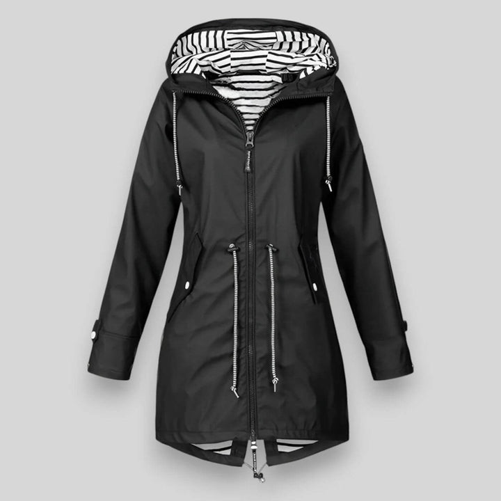 Everyday women's spring & fall jacket with hood & adjustable waist drawstrings for versatile wear.