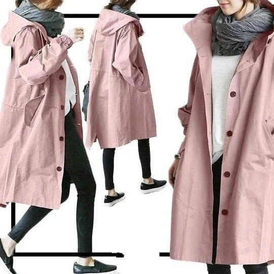 Versatile women's long hooded rain jacket, stylish A-line coat for all-weather protection, spring/fall.