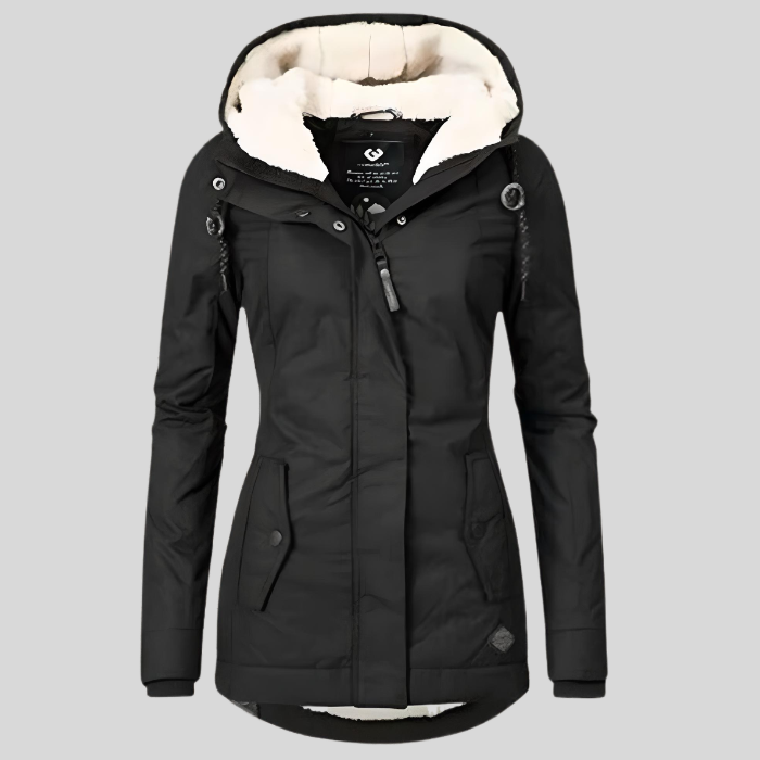 Women's waterproof winter coat, insulated for warmth. Longline jacket protects from cold, wind & rain.