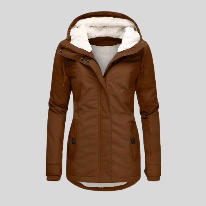 Stylish women's longline waterproof winter coat. Versatile insulated jacket for cold autumn & everyday wear.