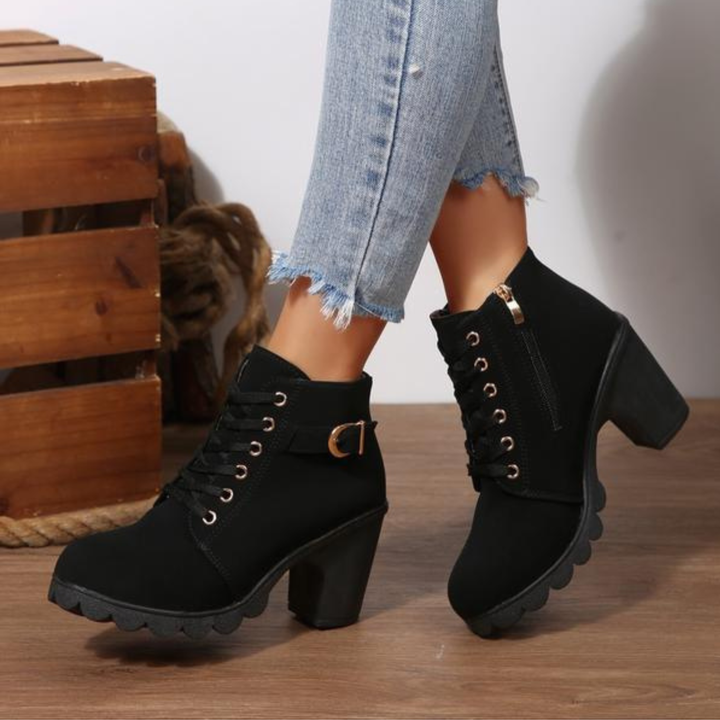 Stylish women's lace-up ankle boots with a comfortable block heel and side zipper, perfect for fall fashion.