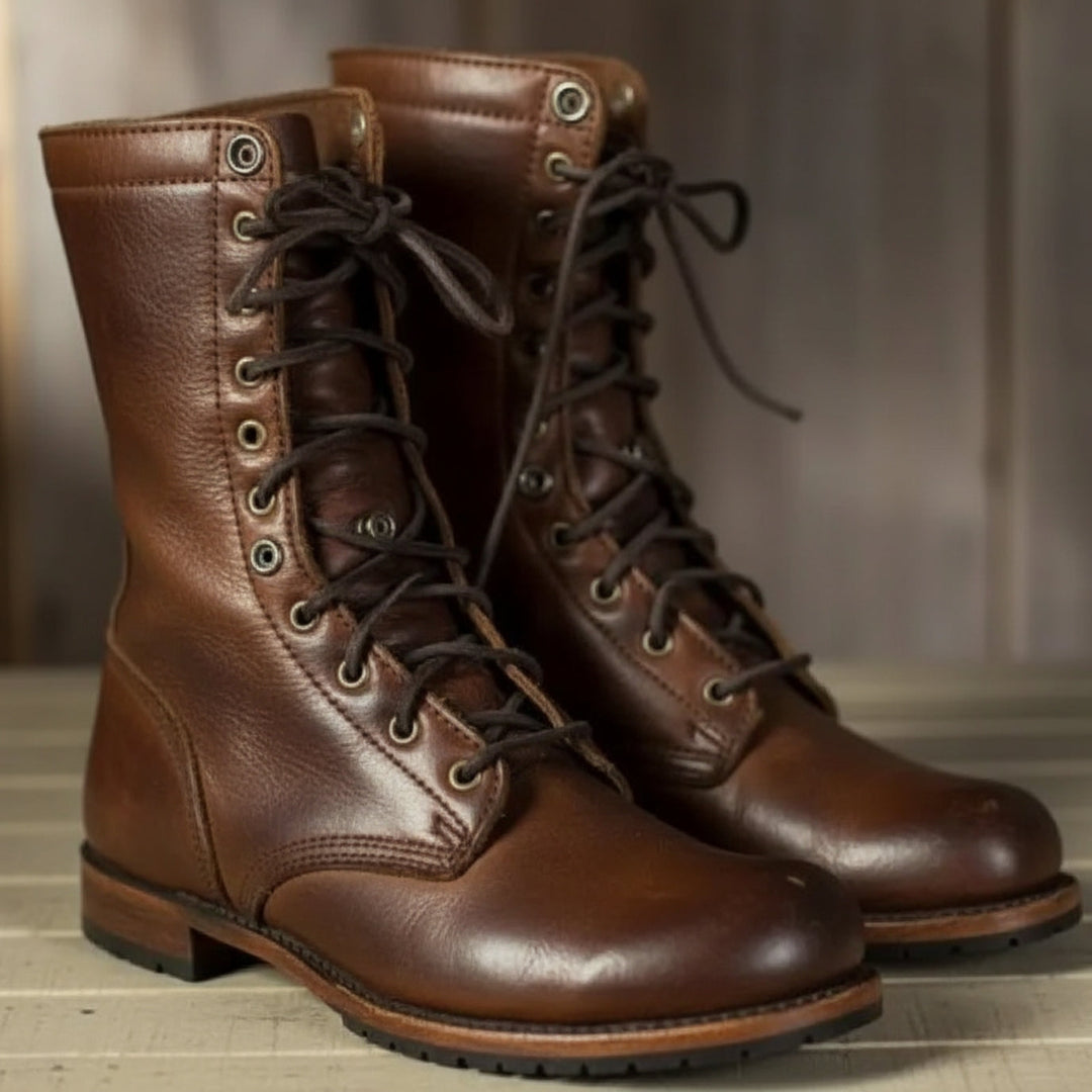 Stylish women's lace-up mid-calf boots, perfect for comfortable everyday wear. Features a round toe & low heel.