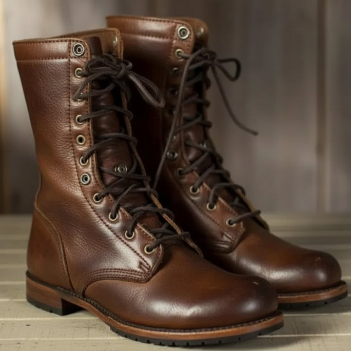 Stylish women's lace-up mid-calf boots, perfect for comfortable everyday wear. Features a round toe & low heel.