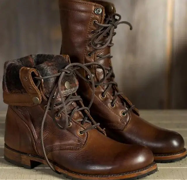Fashionable women's mid-calf boots with classic lace-up design, round toe & low heel for comfortable wear.