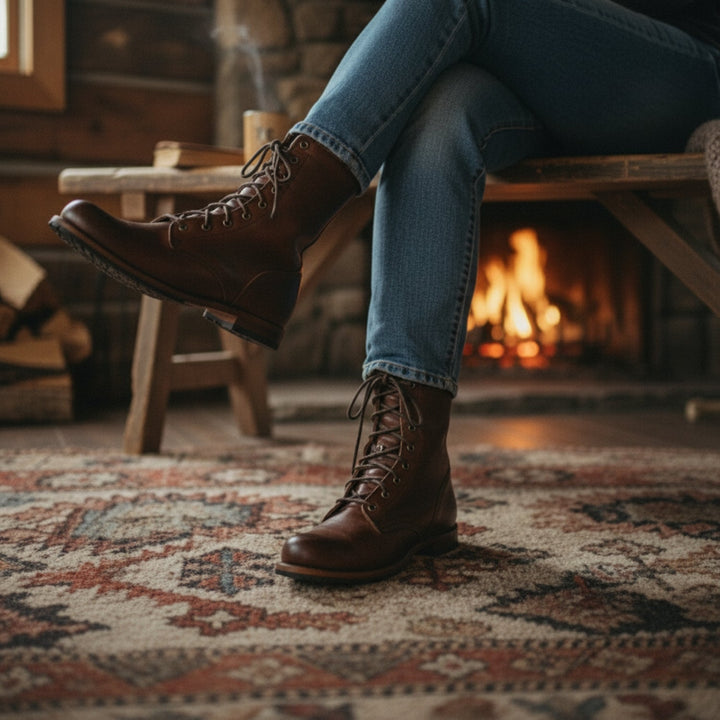 Women's stylish mid-calf lace-up boots. Fashionable everyday footwear with a comfortable fit & low heel.