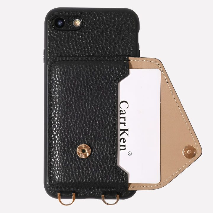 Stylish women's leather crossbody phone case with lanyard and card holder, offering hands-free convenience.