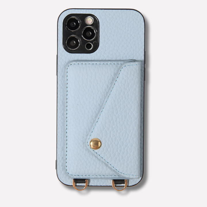 Premium leather crossbody phone wallet with adjustable lanyard, ideal for women seeking fashion and tech.