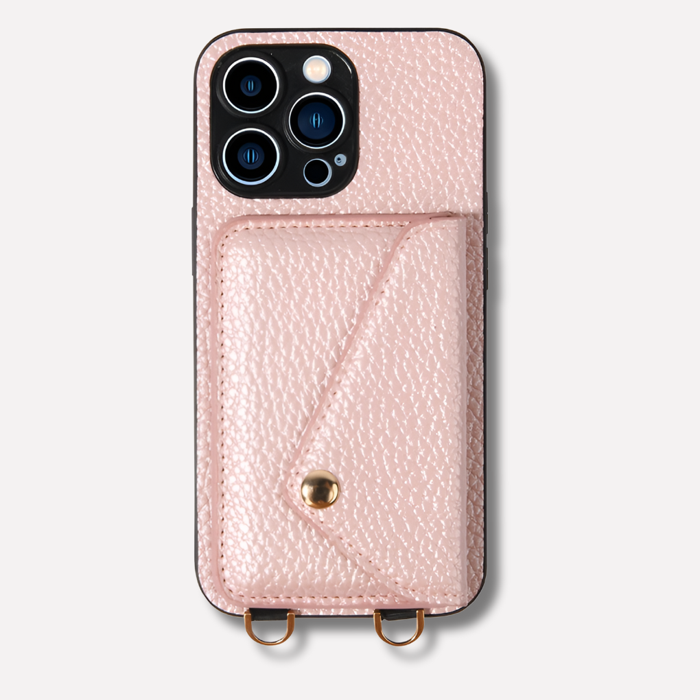 Versatile women's leather phone case featuring a crossbody strap, card holder, and lanyard for easy access.