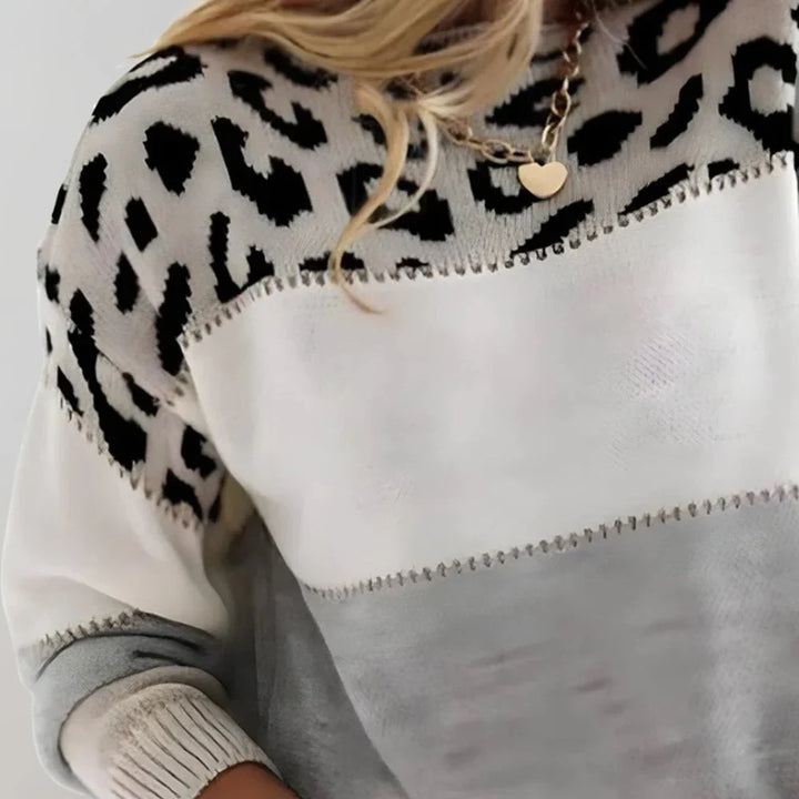 Cozy women's leopard print sweater. Comfortable long sleeve casual top, perfect for everyday autumn fashion.