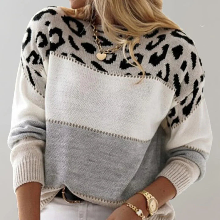 Chic women's crew neck leopard print sweater. Long sleeve casual top, ideal for stylish autumn & winter wear.