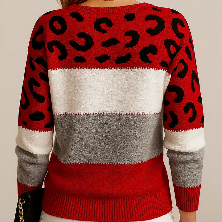 Gift for her: Cozy women's leopard print crew neck sweater. Stylish long sleeve casual top for autumn/winter.