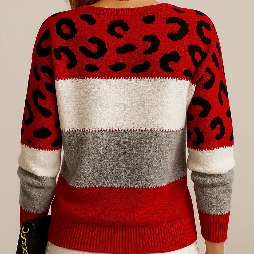 Trendy women's leopard print casual sweater. Cozy & comfortable long sleeve crew neck top for fall & winter style.