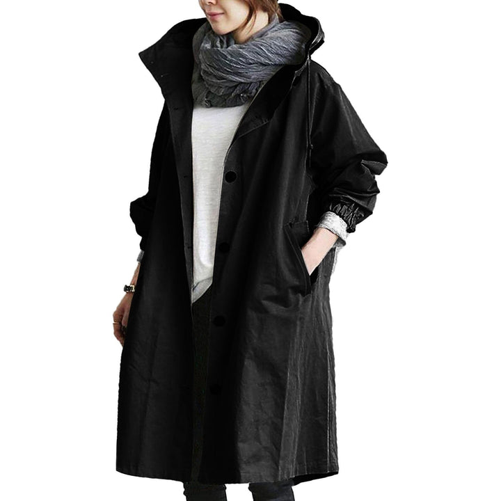 Long women's waterproof trench-style raincoat with adjustable hood, ideal for elegant spring & summer.