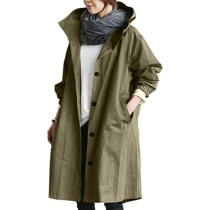 All-weather long women's waterproof raincoat, a stylish & protective outerwear piece for unpredictable days.