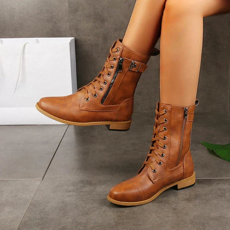 Stylish women's mid-calf lace-up boots for versatile fashion. Comfortable fall and winter footwear.