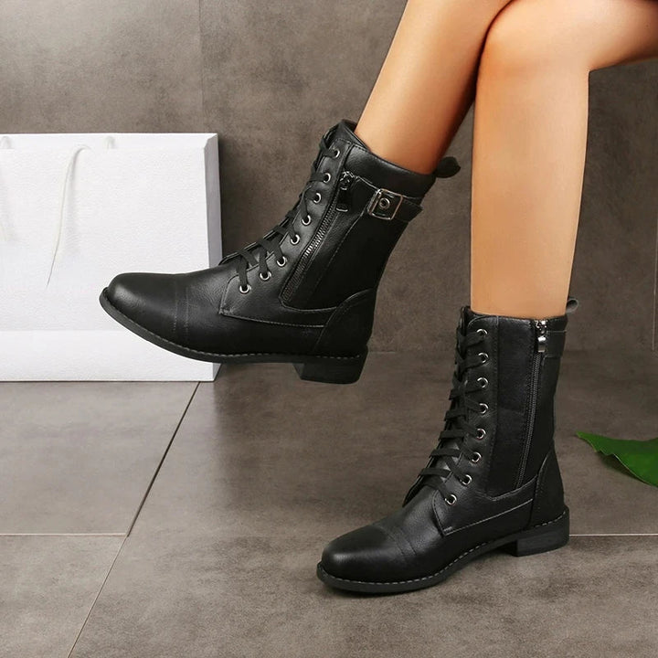 Casual women's mid-calf boots, lace-up design with an ankle strap. Comfortable & trendy for fall fashion.