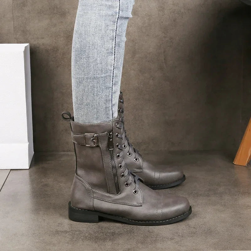 Elegant women's mid-calf lace-up boots, perfect for fall & winter. Comfortable, stylish, with side zipper.