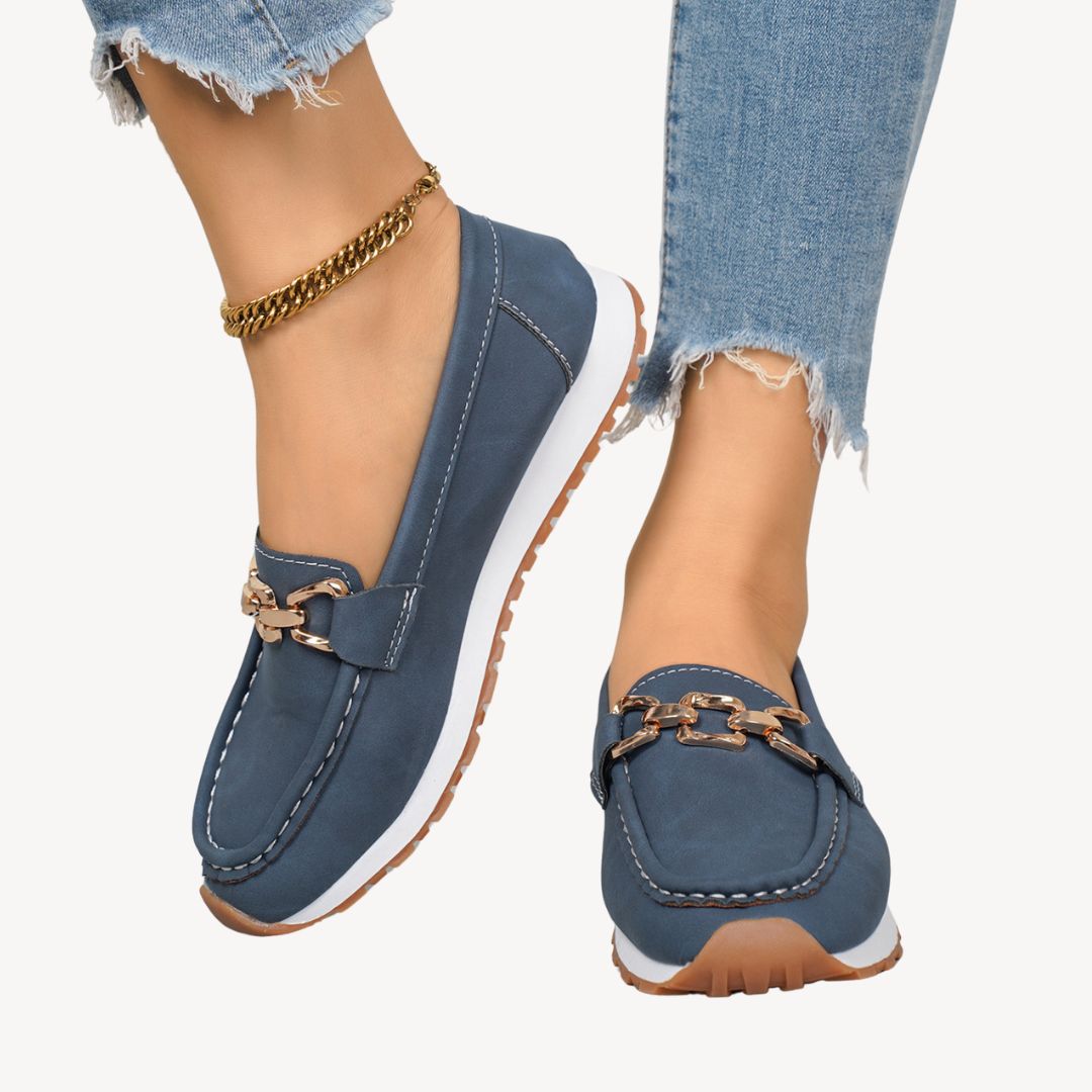 Fashionable women's orthopedic loafers. Stylish chain detail and arch support for comfortable, healthy feet.