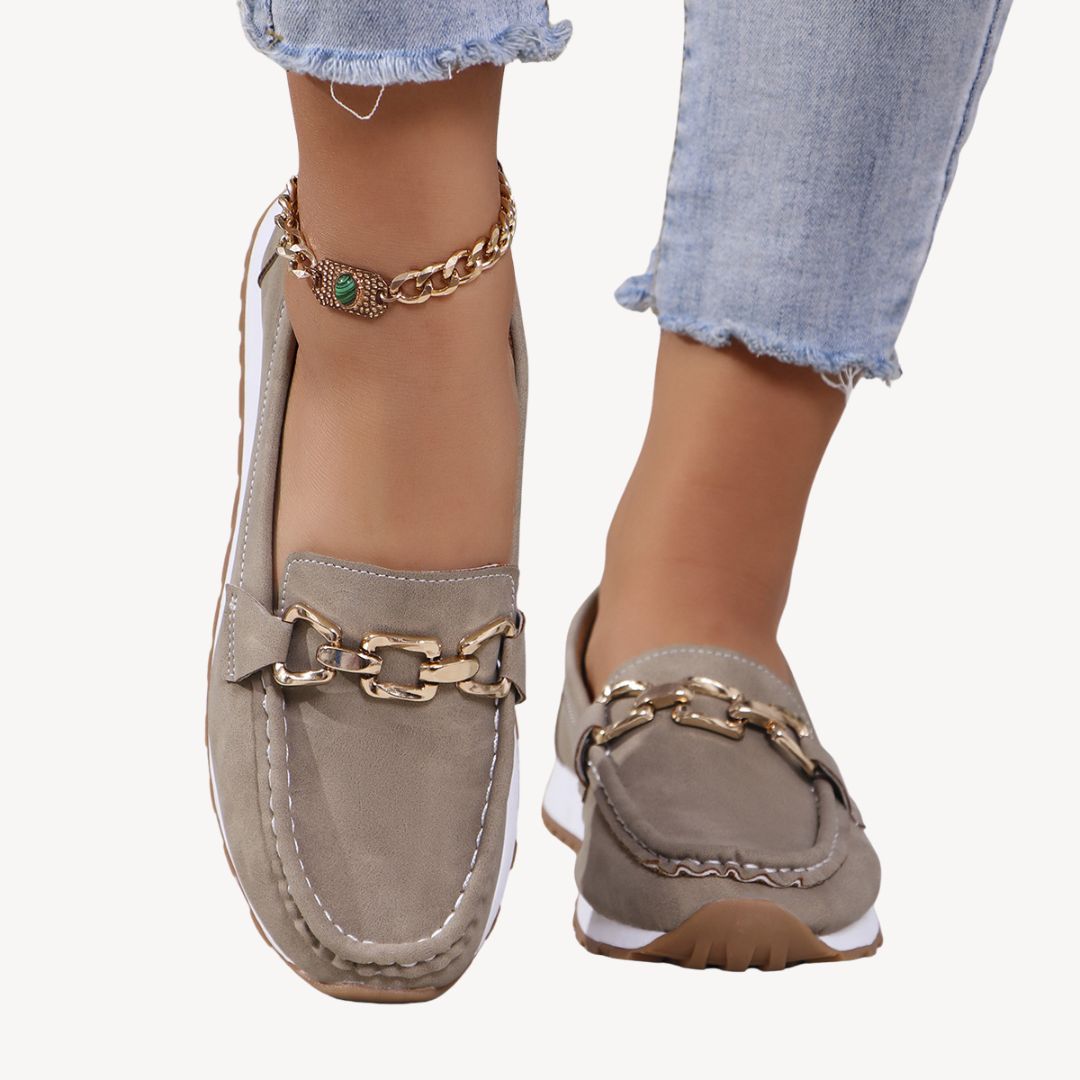 Premium women's orthopedic footwear: stylish loafers with elegant chain detail, ensuring ultimate comfort & arch support.