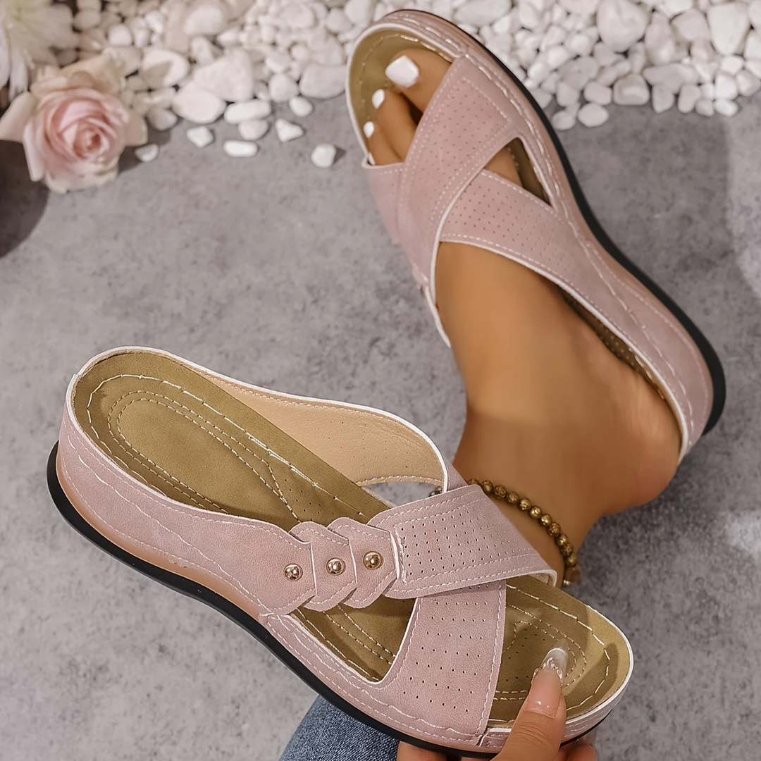 Comfortable women's orthopedic wedge sandals. Stylish summer footwear with arch support, anti-slip sole.