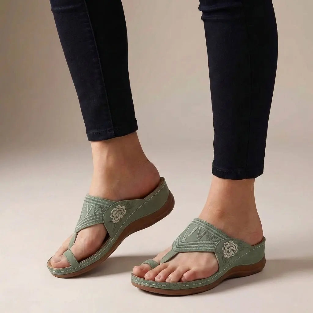 Elegant women's floral embroidered thong wedge sandals. Orthopedic design for stylish summer comfort & support.