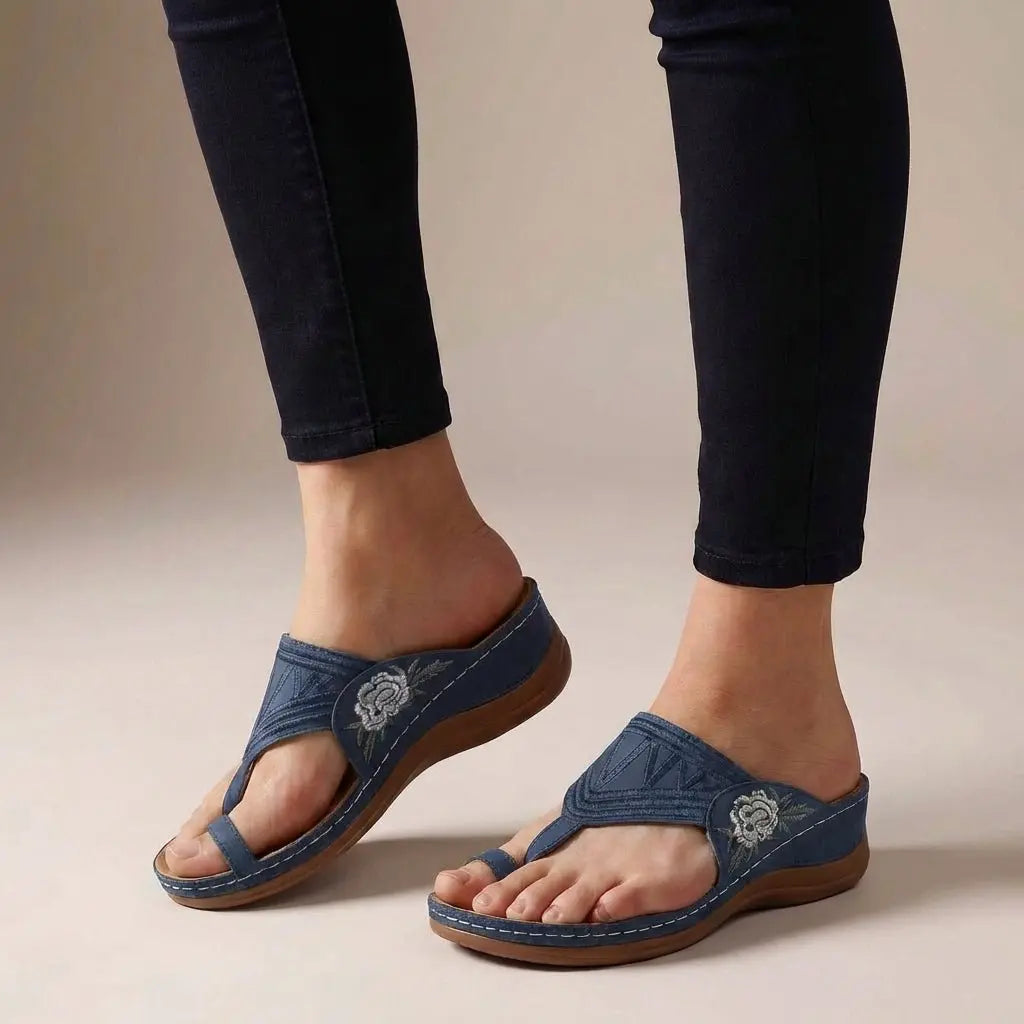 Casual women's floral embroidered thong wedge sandals. Comfortable orthopedic design, perfect summer footwear.