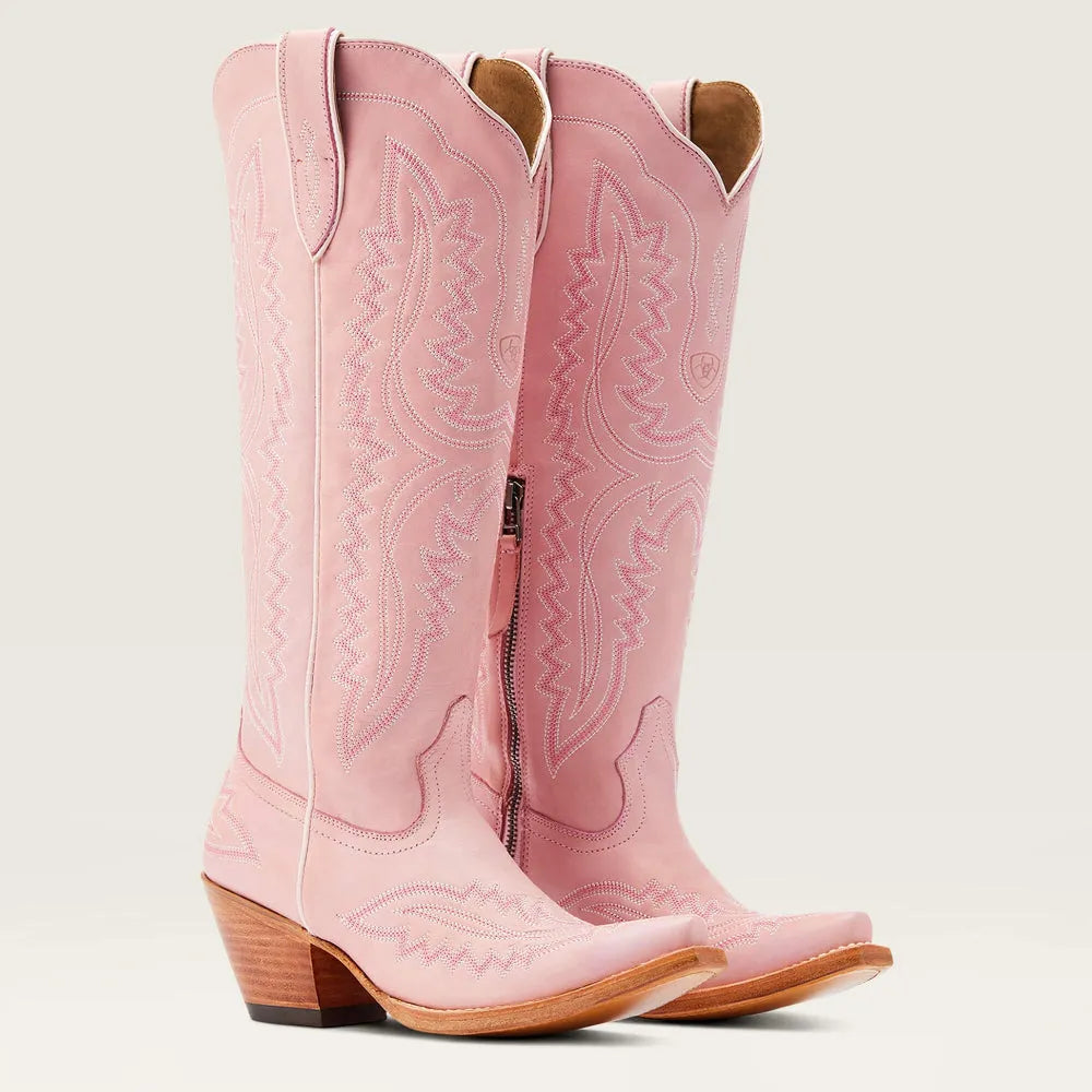 Stylish women's patterned tall boots with stacked heel & pointed toe, front view. Perfect all-season fashion.