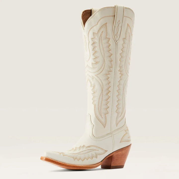 Women's patterned tall boots unzipped, showcasing inner lining. Stylish stacked heel, pointed toe, all-season.