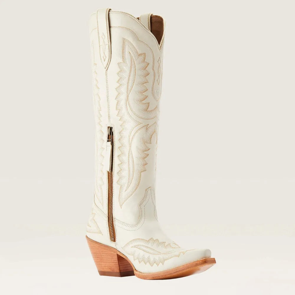 Back view of women's patterned knee-high boots with stacked heel. Elegant zip boots, perfect for stylish outfits.