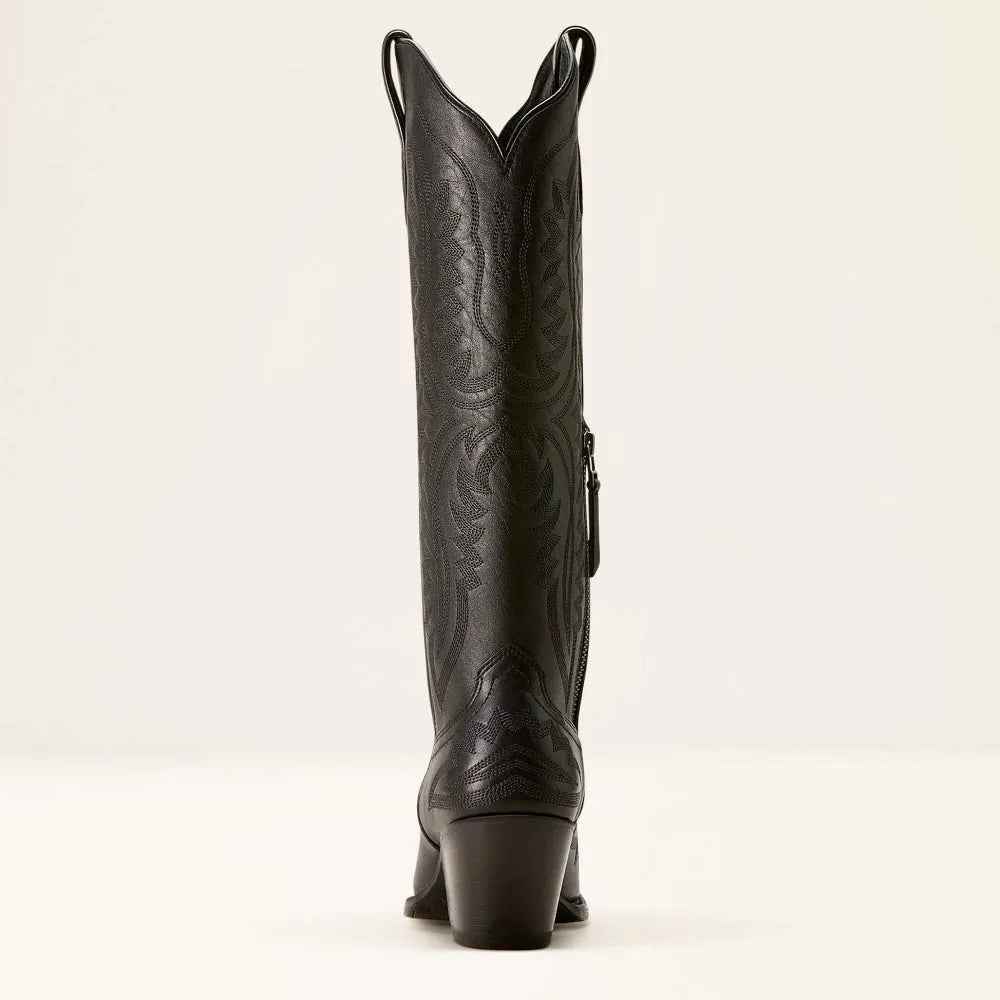 Hero shot of women's patterned zipped tall boots. Features a comfortable stacked heel and fashionable pointed toe.