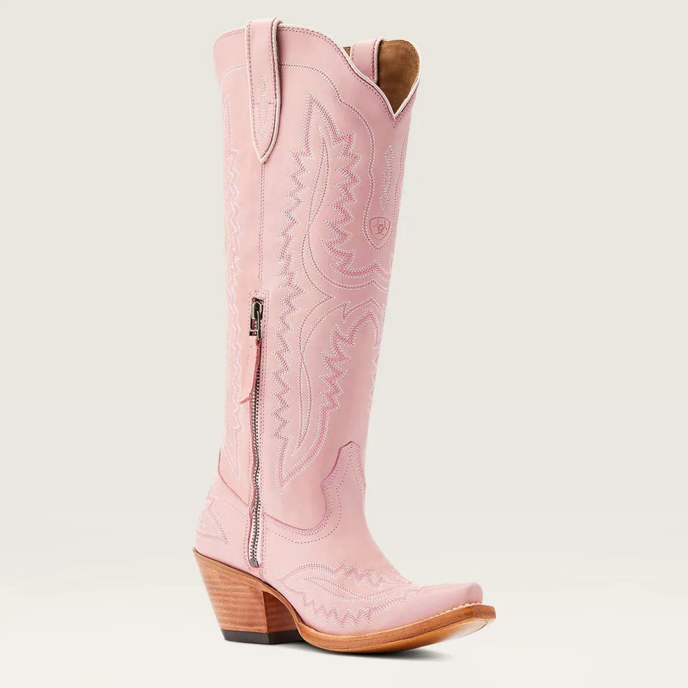 Elegant women's patterned knee-high boots with stacked heel & zip, side view. Stylish footwear for casual wear.