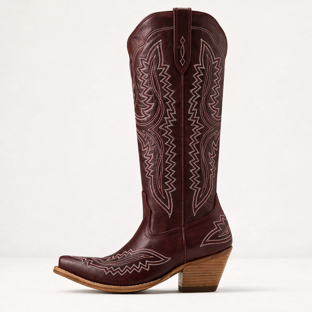 Elegant women's patterned knee-high boots with stacked heel. Chic zip boots for fashion-forward all-season wear.