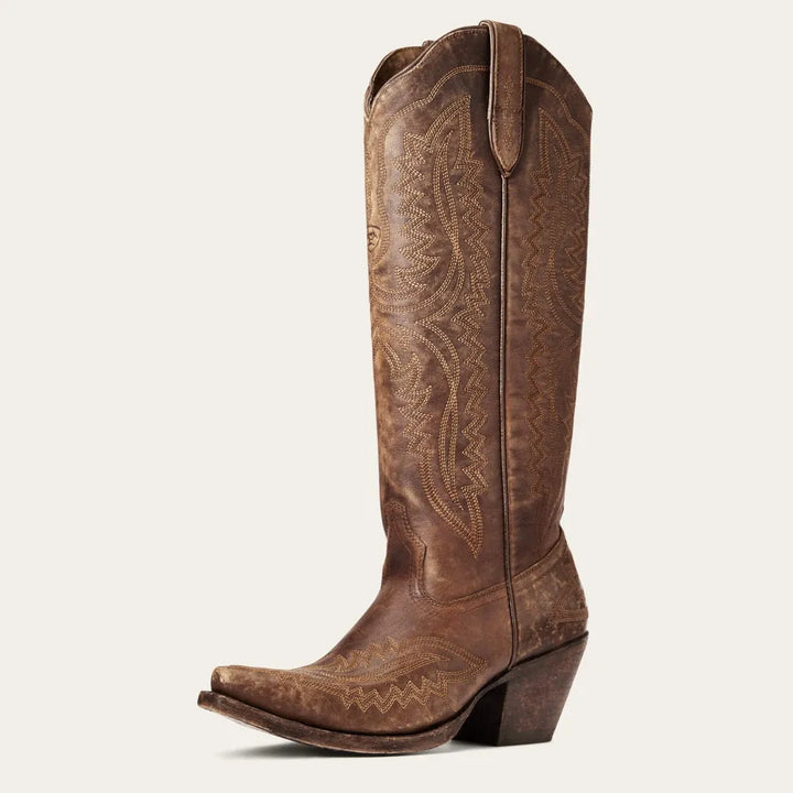 Casual women's patterned tall boots with stacked heel. Comfortable zip boots, stylish for everyday knee-high fashion.
