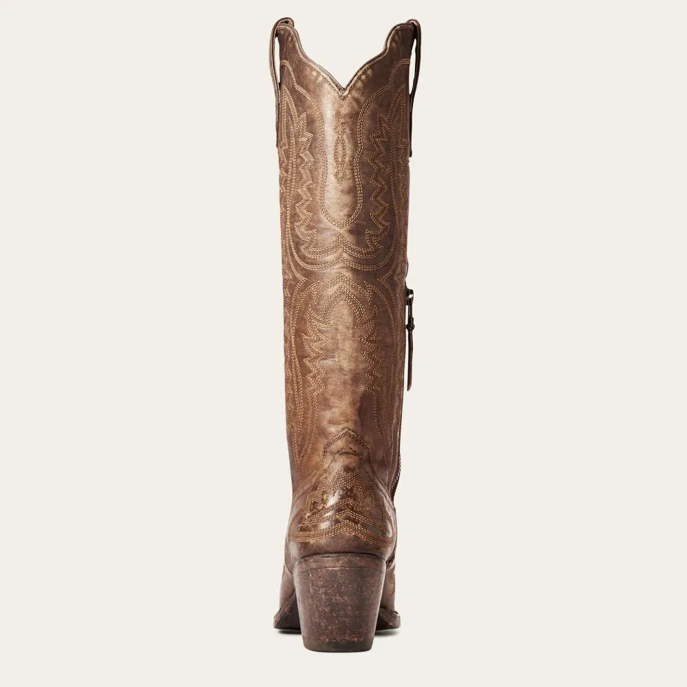 Front view of women's patterned zipped tall boots with stacked heel, perfect for autumn and winter fashion.