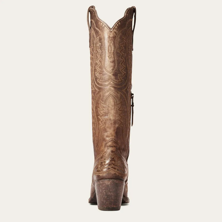 Front view of women's patterned zipped tall boots with stacked heel, perfect for autumn and winter fashion.
