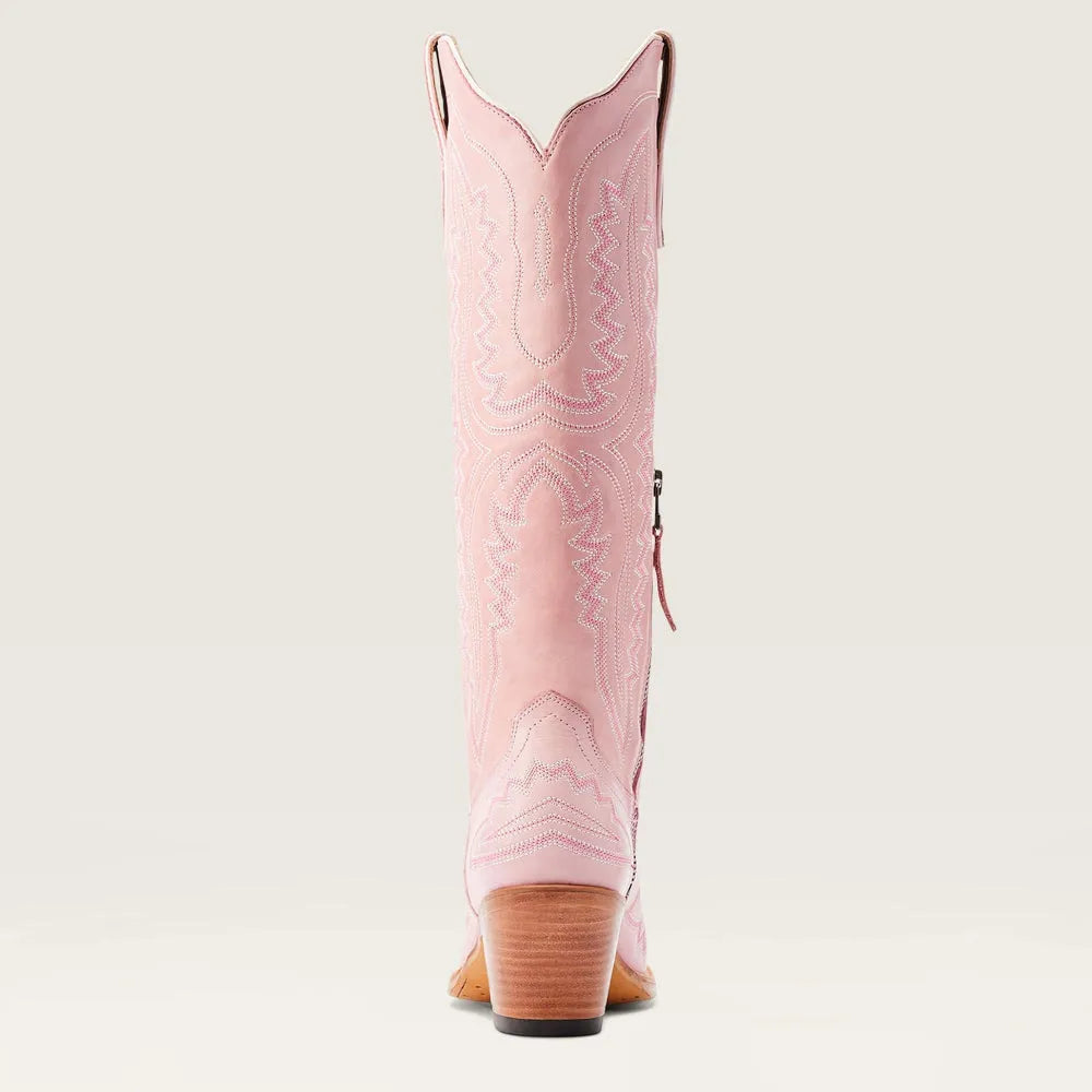 Close-up of unique pattern on women's tall boots. Features stylish design, stacked heel, and full zipper.