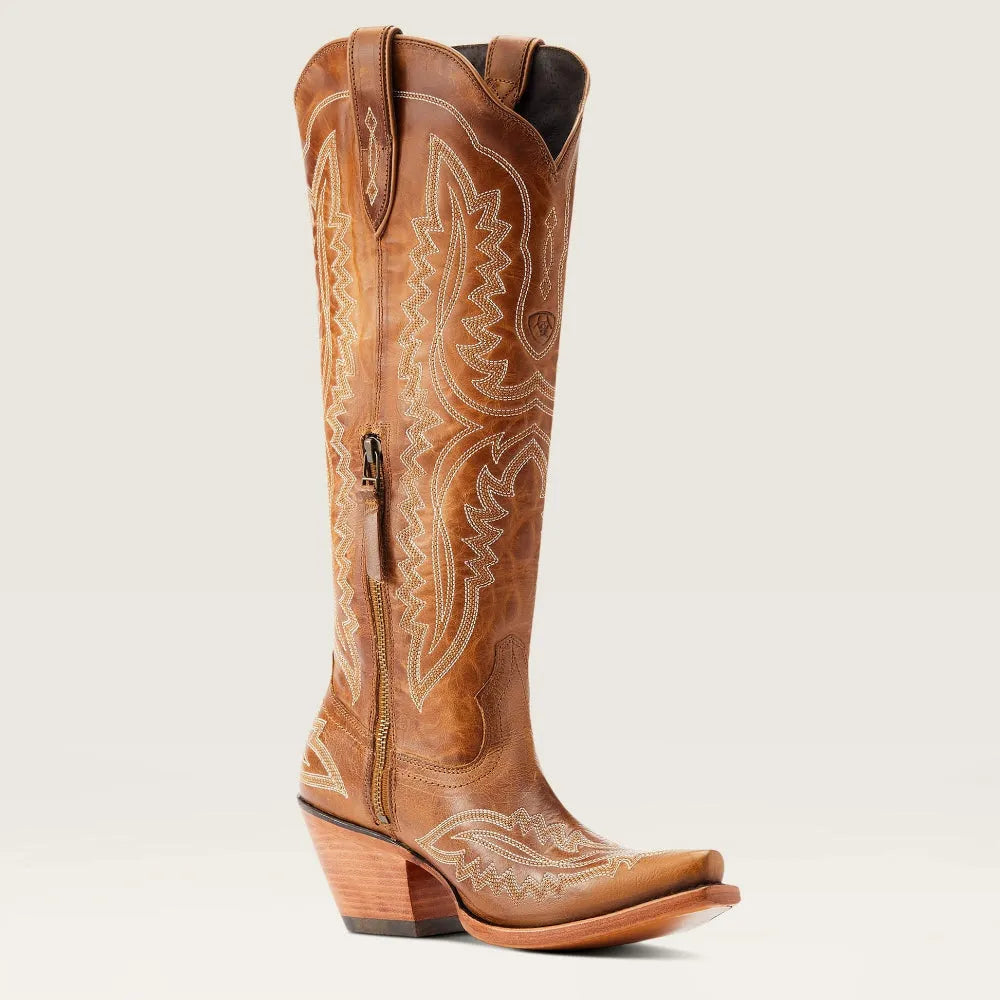 Pointed toe detail of women's patterned zip boots. Stylish tall boots with a chic stacked heel for fashion.