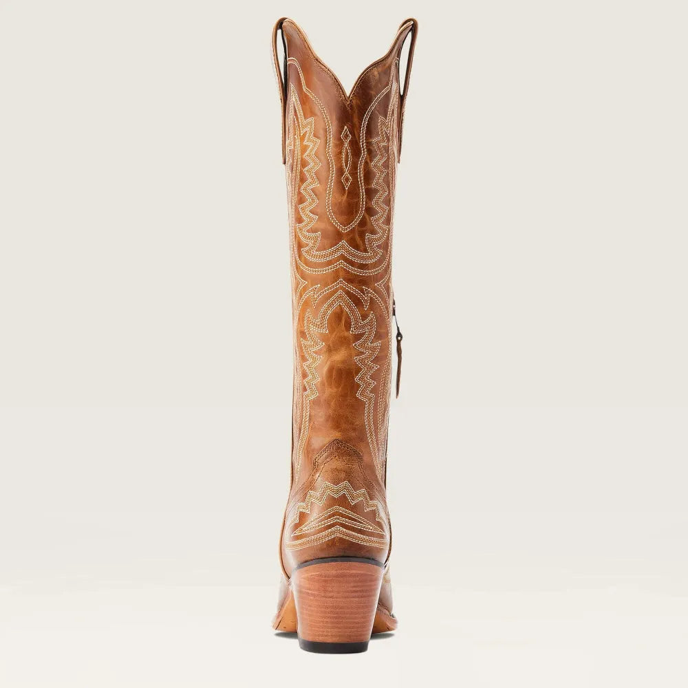 Top view of women's patterned tall boots. Showcases elegant design, zip closure, and sturdy stacked heel.